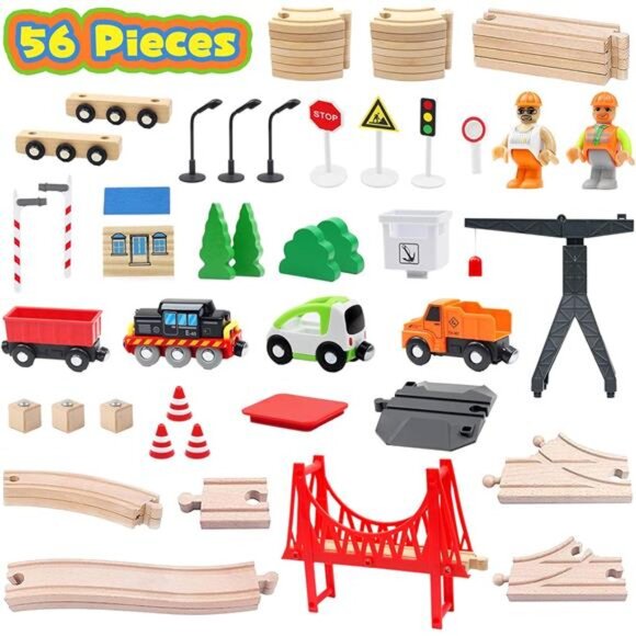 Wooden Train Set, 56-Piece Deluxe Kids Toy Train Set for 2 3 4 5 Year - Picture 5 of 7